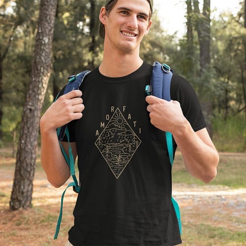 t shirt mockup featuring a smiling man hiking at the woods 32242